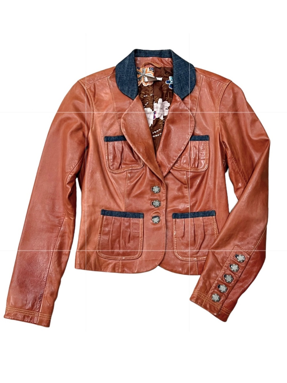 Vintage 1990s Cache Cognac Brown Leather Blazer with Navy Denim Trim Detail
